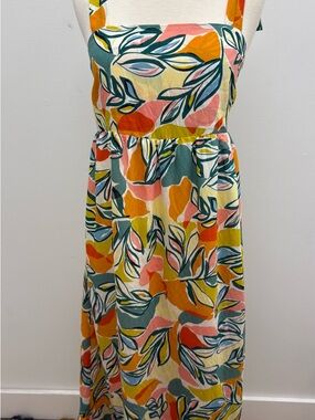 THML Multicolor Leaf-Print Maxi Dress in Teal, Coral & Mustard